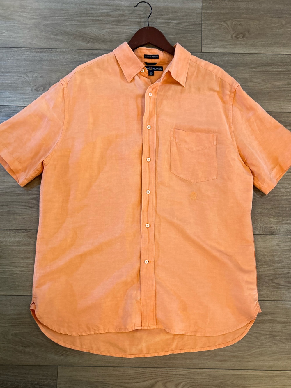 Tommy Hilfiger Y2K Linen Silk Shirt Men L Orange Coral Short Sleeve Button Front